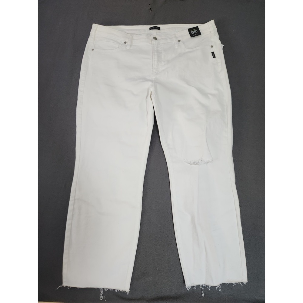 NWT Silver Jeans 22W Most Wanted Distressed Mid Rise Straight Leg White Crop Raw
